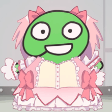 a green cartoon character wearing a pink dress with bows