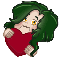 a cartoon drawing of a woman with green hair holding a red heart