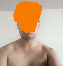 a shirtless man with an orange circle around his head