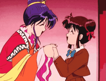 two anime girls are holding hands and one has a purple hair and the other has brown hair