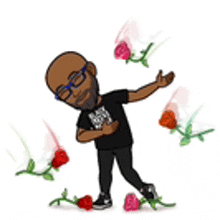 a cartoon of a man standing next to roses .