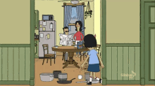 a cartoon shows a family in a messy kitchen with a global logo on the door