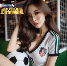 a woman wearing glasses is holding a soccer ball in front of a museum bola sign