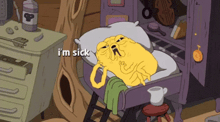 a cartoon character laying on a bed with the words " i 'm sick " written above him
