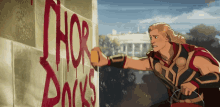 a cartoon of thor painting the word thor on the wall