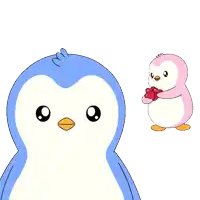 a blue penguin is holding a red heart while a pink penguin holds a red heart