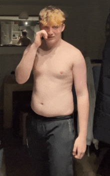 a shirtless man is talking on a cell phone in front of a mirror