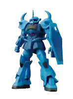 a blue robot with horns and a shield on its shoulder