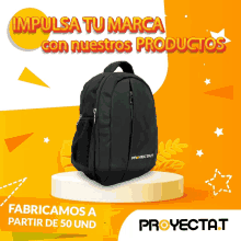 an advertisement for proyectot shows a black backpack on a pedestal