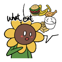 a cartoon drawing of a sunflower with a speech bubble that says what eat