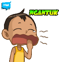 a cartoon of a boy covering his mouth with his hand with the word ngantuk above him