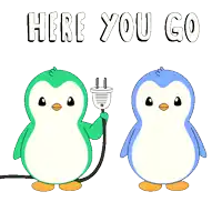 a penguin and a skeleton are standing next to each other with the words here you go above them