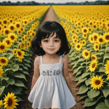 a little girl standing in a field of sunflowers