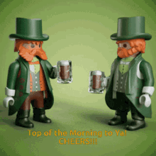 two leprechauns are holding mugs of beer with the words top of the morning to ya cheers !!! below them