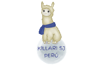 a llama with a scarf around its neck sits on a sphere with the words killari sj peru written on it