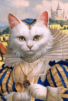 a painting of a white cat wearing a blue and gold striped dress