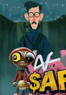 a cartoon of a man with glasses standing next to a cartoon of a man with a coin around his neck and the word saf