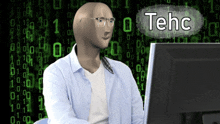 a man with glasses is sitting in front of a computer with tehc written on the top