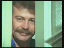 a man with a mustache is peeking out from behind a door .