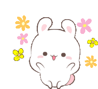 a cartoon drawing of a bunny with flowers around it