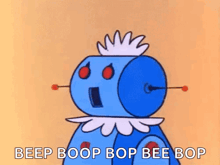 a cartoon of a blue robot with the words `` beep boop bop bee bop '' written below it .