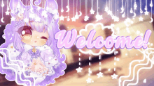 a cartoon girl with purple hair is surrounded by the word welcome