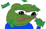 a cartoon frog is holding a bunch of money in his hands .