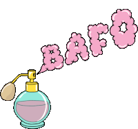 a cartoon drawing of a perfume bottle spraying the word baf