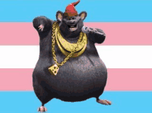 a cartoon rat wearing a hat , chains , and a necklace is holding a microphone .