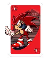 a red playing card with a cartoon of sonic the hedgehog