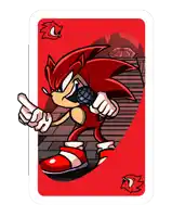 a red playing card with a cartoon of sonic the hedgehog