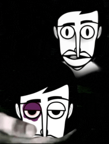 a black and white drawing of a man with a mustache and a woman with purple eyes