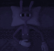 a cartoon character is laying on a bed in the dark