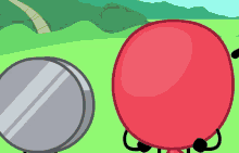 a cartoon of a red ball and a silver coin