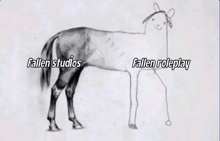 a black and white drawing of a horse with fallen studios and fallen roleplay written on the bottom .