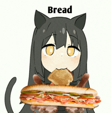 a cat girl holding a sub sandwich with the word bread above her head