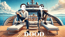 a cartoon drawing of two men sitting on a yacht with the word dood underneath them