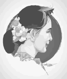 a black and white drawing of a woman 's face with a flower in her hair