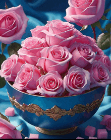 a bowl of pink roses sits on a table