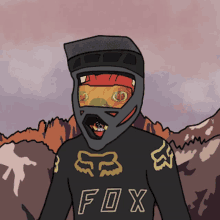 a cartoon of a person wearing a helmet and a shirt that says fox