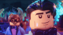 a lego man in a tuxedo is standing next to a lego owl