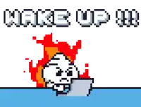 a pixel art drawing of a fist with the words wake up on the bottom