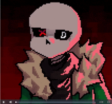 a pixel art drawing of a skeleton wearing sunglasses with the letter d on them