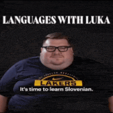 a man eating a hamburger with the words languages with luka on the bottom
