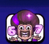 a cartoon man with a purple hat and a mustache is smiling and holding his hands out .
