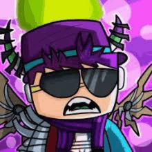 a cartoon character wearing a purple hat , scarf , sunglasses , and headphones .