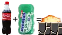 a bottle of coca cola next to a container of mentos pure fresh gum