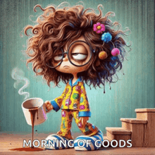 a cartoon of a girl with curly hair and glasses holding a cup of coffee with the words morning of goods below her