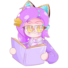 a cartoon character with purple hair and glasses is reading a book