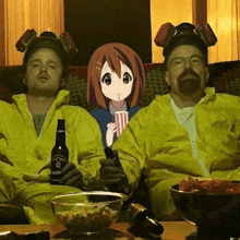 a bottle of glenlivet 12 sits on a table between two men in yellow suits